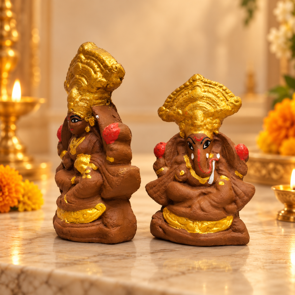 Natural Cow Dung Lakshmi Ganesh Ji Idol Set with Golden Finish for Diwali Pooja
