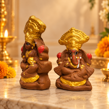 Natural Cow Dung Lakshmi Ganesh Ji Idol Set with Golden Finish for Diwali Pooja