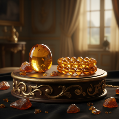 Elegant Amber Jewelry Set on Ornate Stand – Timeless Amber Beads and Gemstones