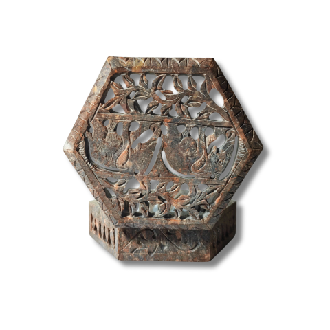 Hexagon Stone Carved Jali Box – Traditional Handcrafted Decorative Storage