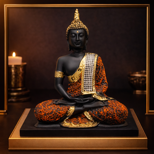 Premium Meditating Buddha Idol Statue – Black & Gold Spiritual Home Décor
