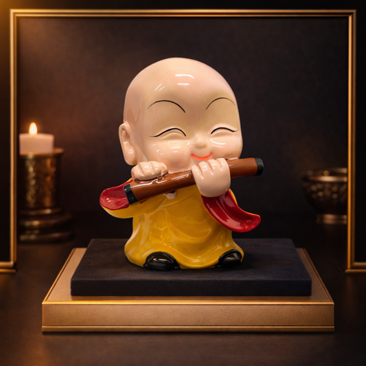 Flute Playing Monk Figurine – Cute Zen Monk Statue for Peace & Home Décor