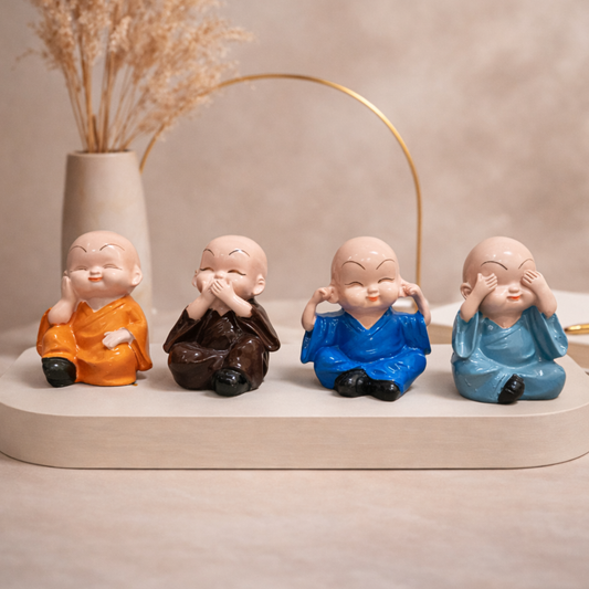 Four Little Monk Polyresin Showpiece Set – See, Hear, Speak & Think No Evil