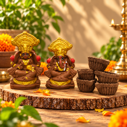 Cow Dung Lakshmi Ganesh Ji Idol & Diya Combo Pack for Diwali Pooja