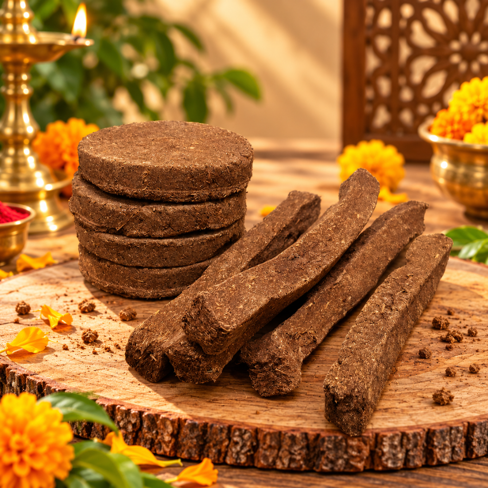Natural Cow Dung Havan Combo Pack – Cow Dung Cakes and Cow Dung Wood Sticks for Havan, Yagya, Diwali Pooja & Hindu Religious Rituals