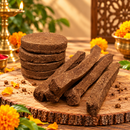 Natural Cow Dung Havan Combo Pack – Cow Dung Cakes and Cow Dung Wood Sticks for Havan, Yagya, Diwali Pooja & Hindu Religious Rituals