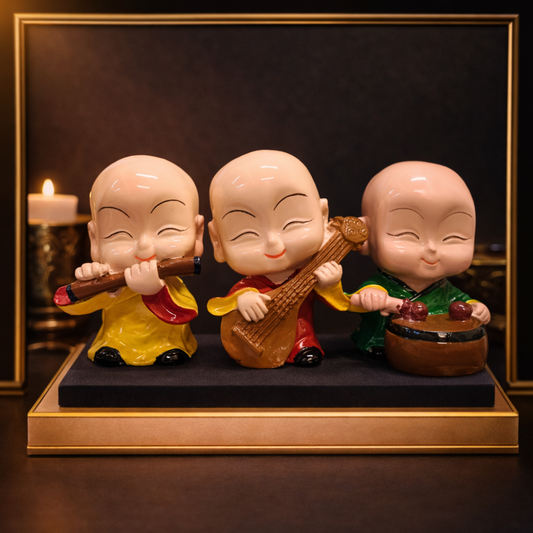 3 Musical Monk Buddha Set – Smiling Kids Home Decor & Positive Energy Showpiece