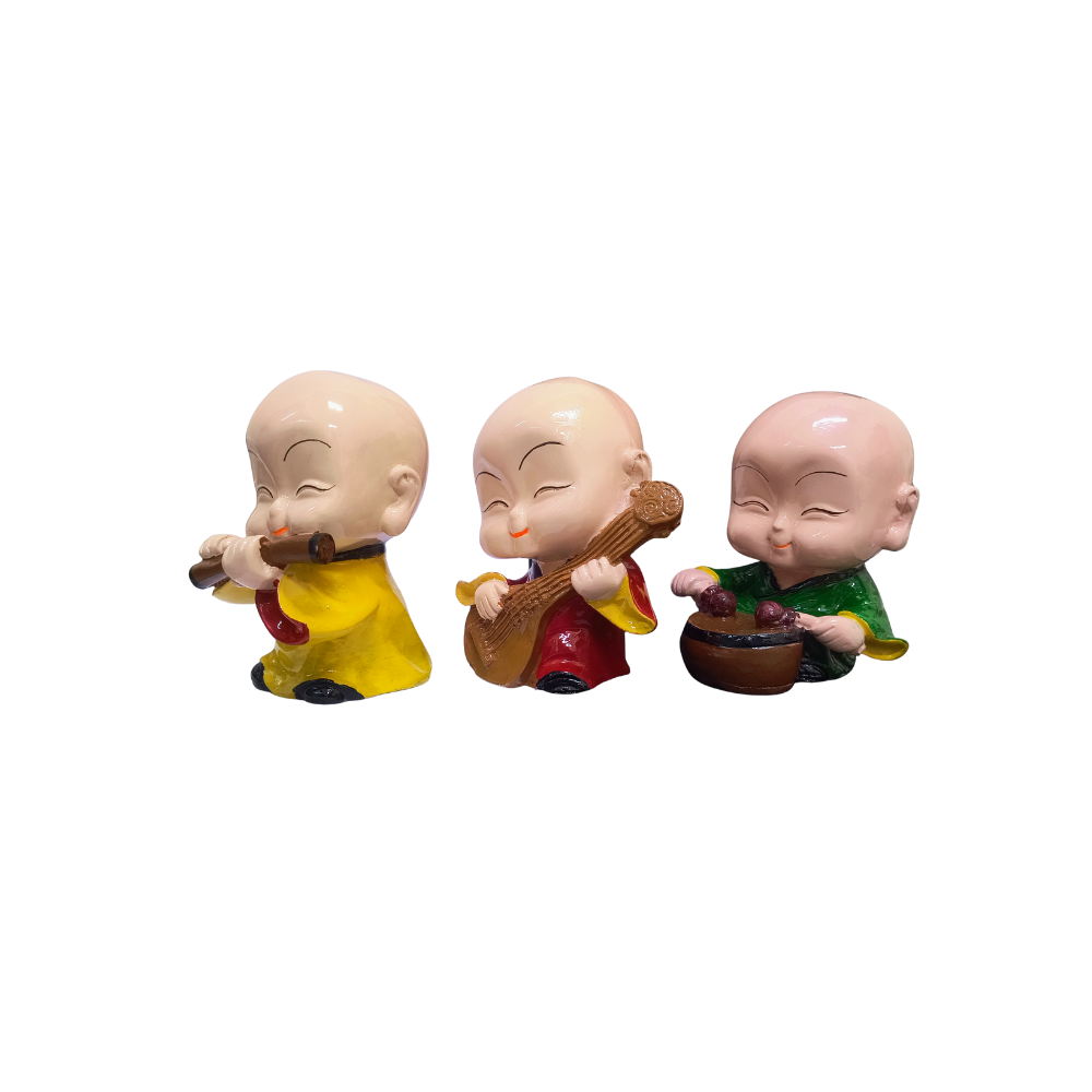 3 Musical Monk Buddha Set – Smiling Kids Home Decor & Positive Energy Showpiece