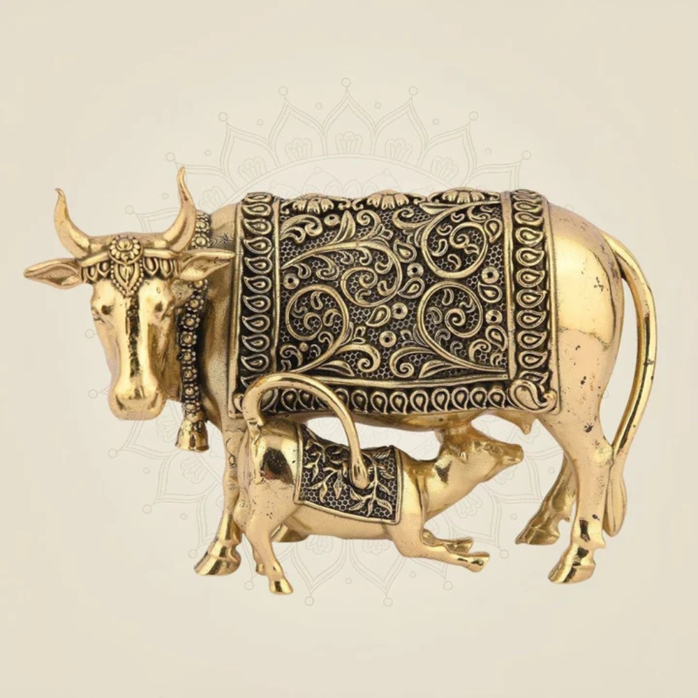 Large Brass Cow and Calf Statue (16 Inch) – Auspicious Vastu Mandir Decor
