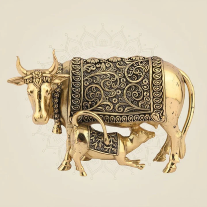 Large Brass Cow and Calf Statue (16 Inch) – Auspicious Vastu Mandir Decor