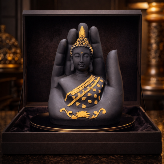 Black & Gold Buddha in Hand Idol – Luxury Meditation & Peace Home Decor