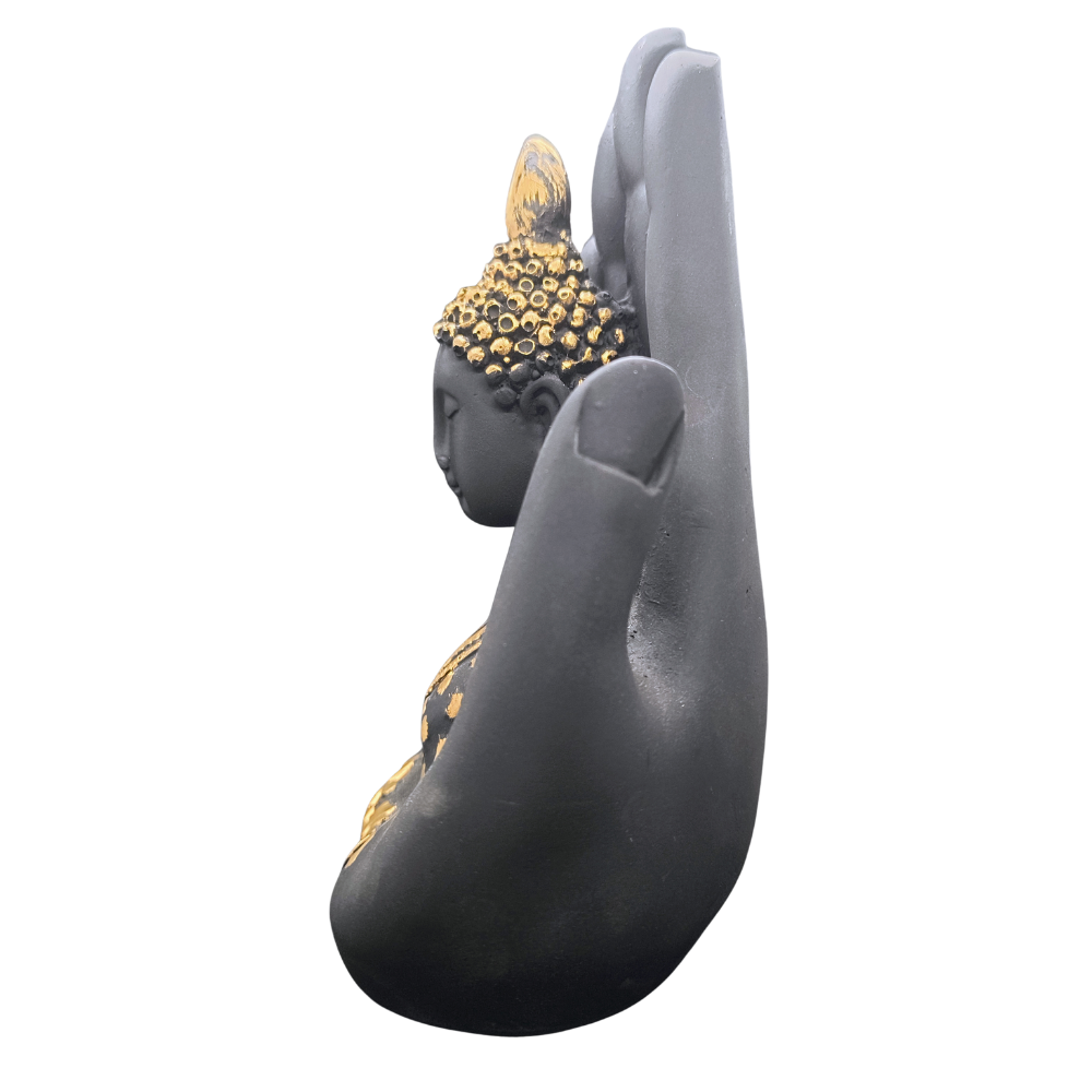 Black & Gold Buddha in Hand Idol – Luxury Meditation & Peace Home Decor