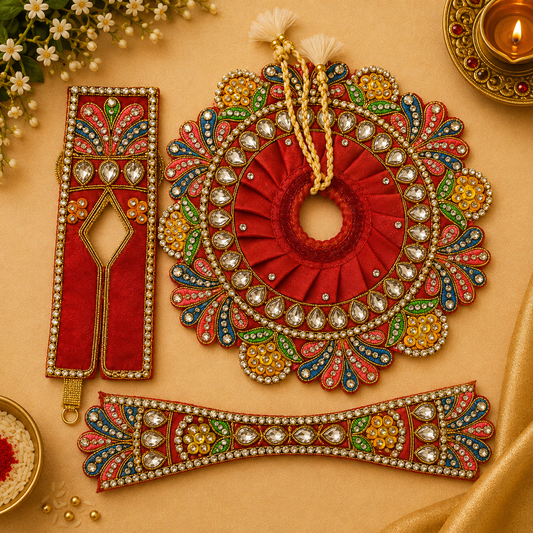 Designer Rajasthani Wedding Shagun Set – Red Multicolor Kundan Embroidered Decorative Set