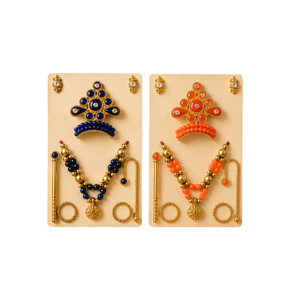 Kanha Ji Designer Mukut Set – Blue & Orange Ladoo Gopal Shringar Crown