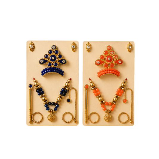 Kanha Ji Designer Mukut Set – Blue & Orange Ladoo Gopal Shringar Crown