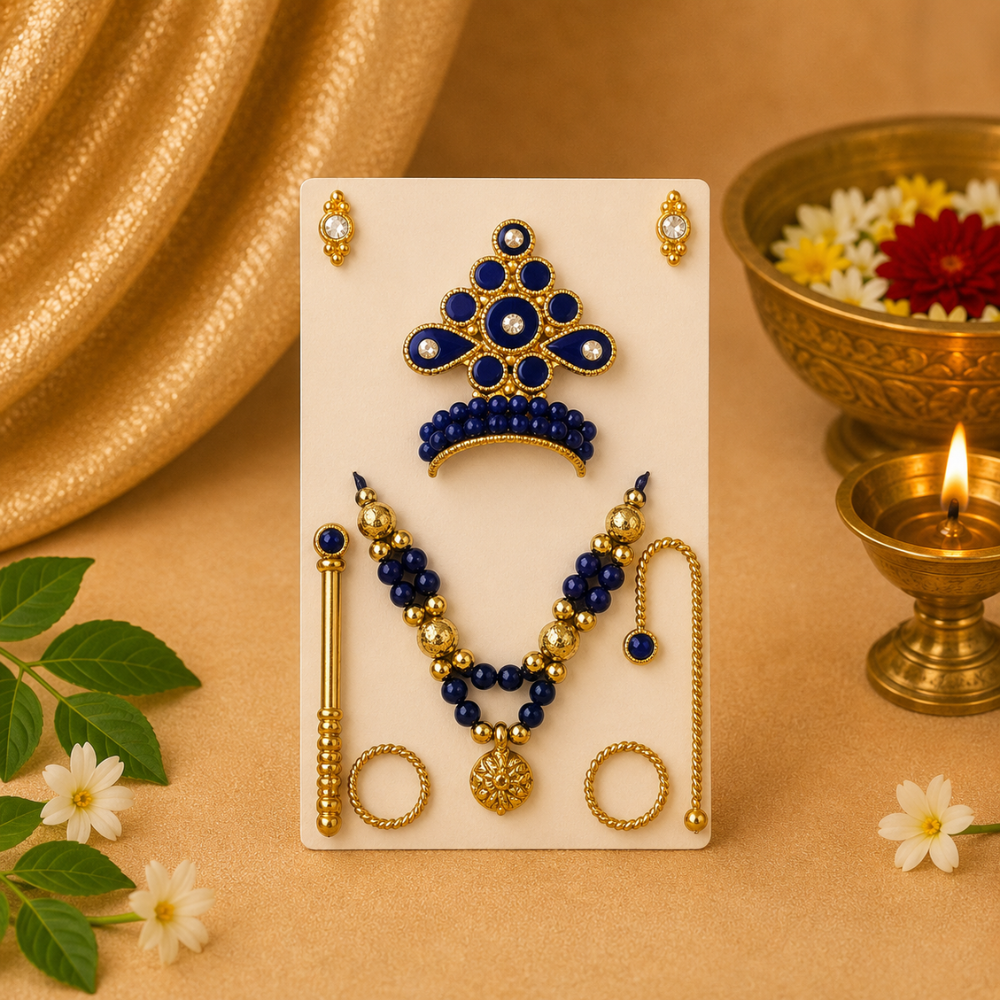 Kanha Ji Designer Mukut Set – Blue & Orange Ladoo Gopal Shringar Crown