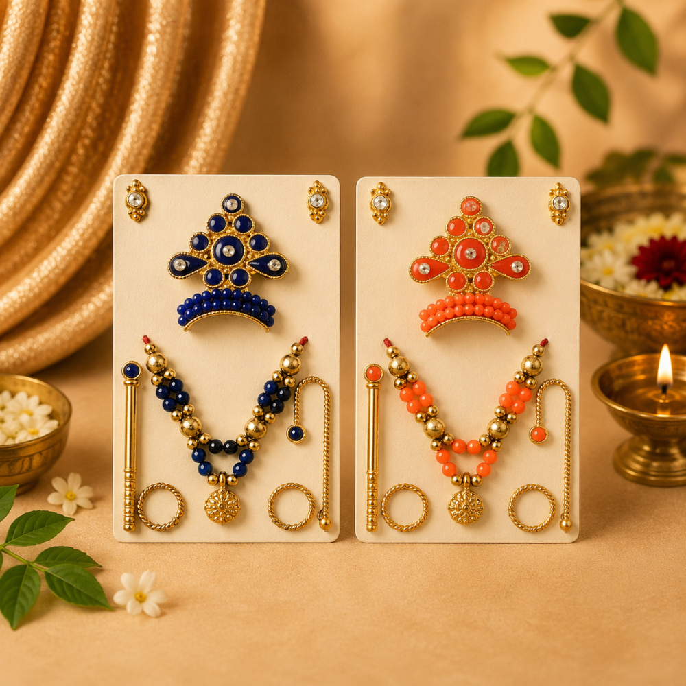 Kanha Ji Designer Mukut Set – Blue & Orange Ladoo Gopal Shringar Crown