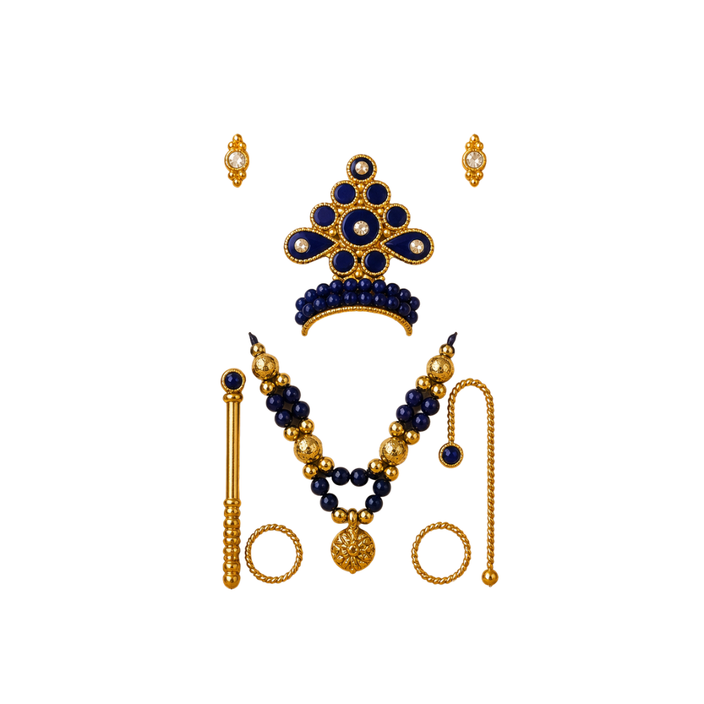 Kanha Ji Designer Mukut Set – Blue & Orange Ladoo Gopal Shringar Crown