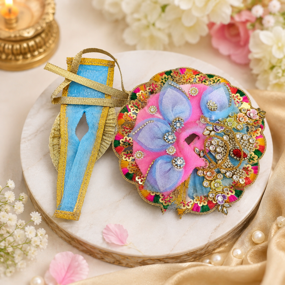 Blue Pink Ladoo Gopal Mukut Set – Designer Thakur Ji Shringar Crown