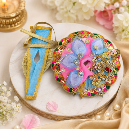 Blue Pink Ladoo Gopal Mukut Set – Designer Thakur Ji Shringar Crown