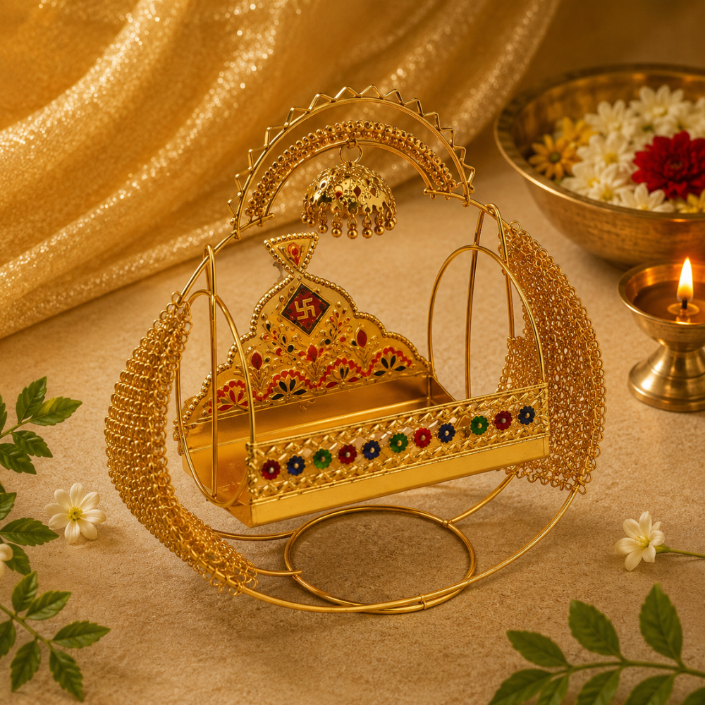 Ladoo Gopal Jhula – Golden Designer Thakur Ji Swing with Decorative Canopy