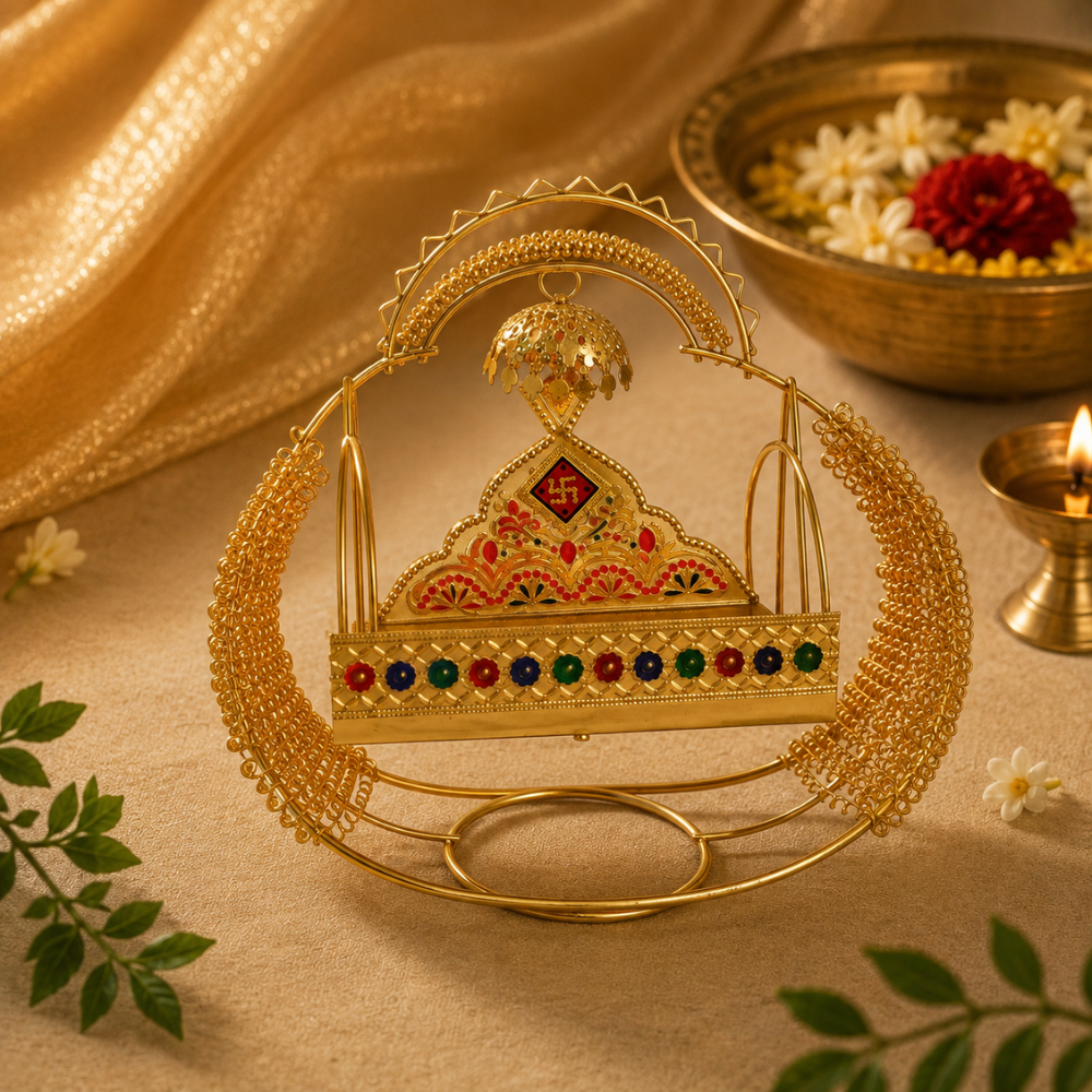 Ladoo Gopal Jhula – Golden Designer Thakur Ji Swing with Decorative Canopy