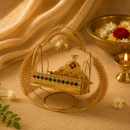 Ladoo Gopal Jhula – Golden Designer Thakur Ji Swing with Decorative Canopy