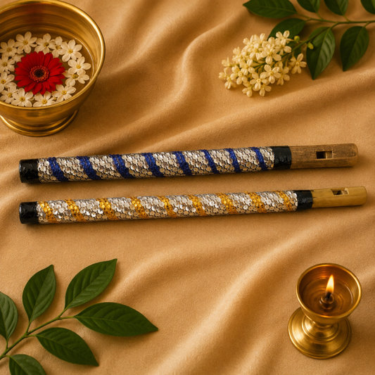 Krishna Ji Bansuri Set – Blue & Golden Designer Flute