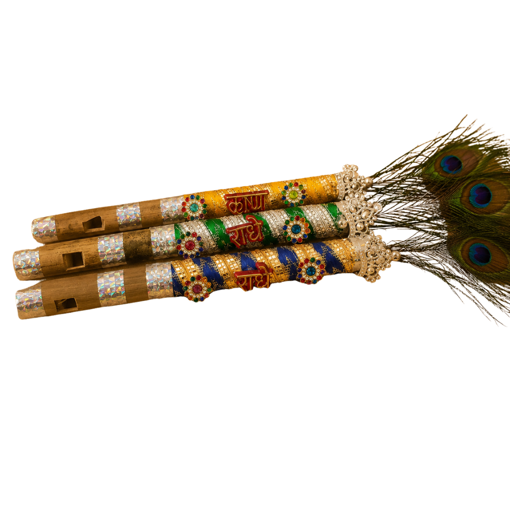 Ladoo Gopal Bansuri Set – 3 Piece Designer Krishna Ji Flute with Peacock Feather