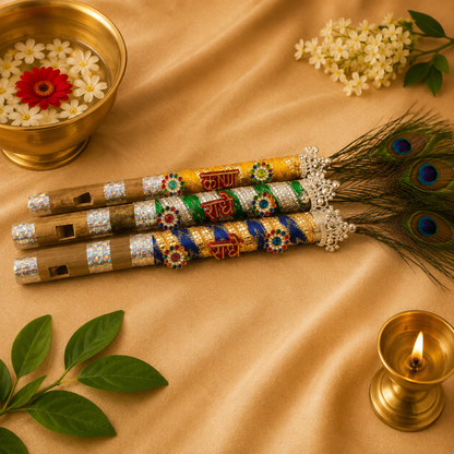 Ladoo Gopal Bansuri Set – 3 Piece Designer Krishna Ji Flute with Peacock Feather
