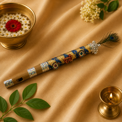 Ladoo Gopal Bansuri Set – 3 Piece Designer Krishna Ji Flute with Peacock Feather