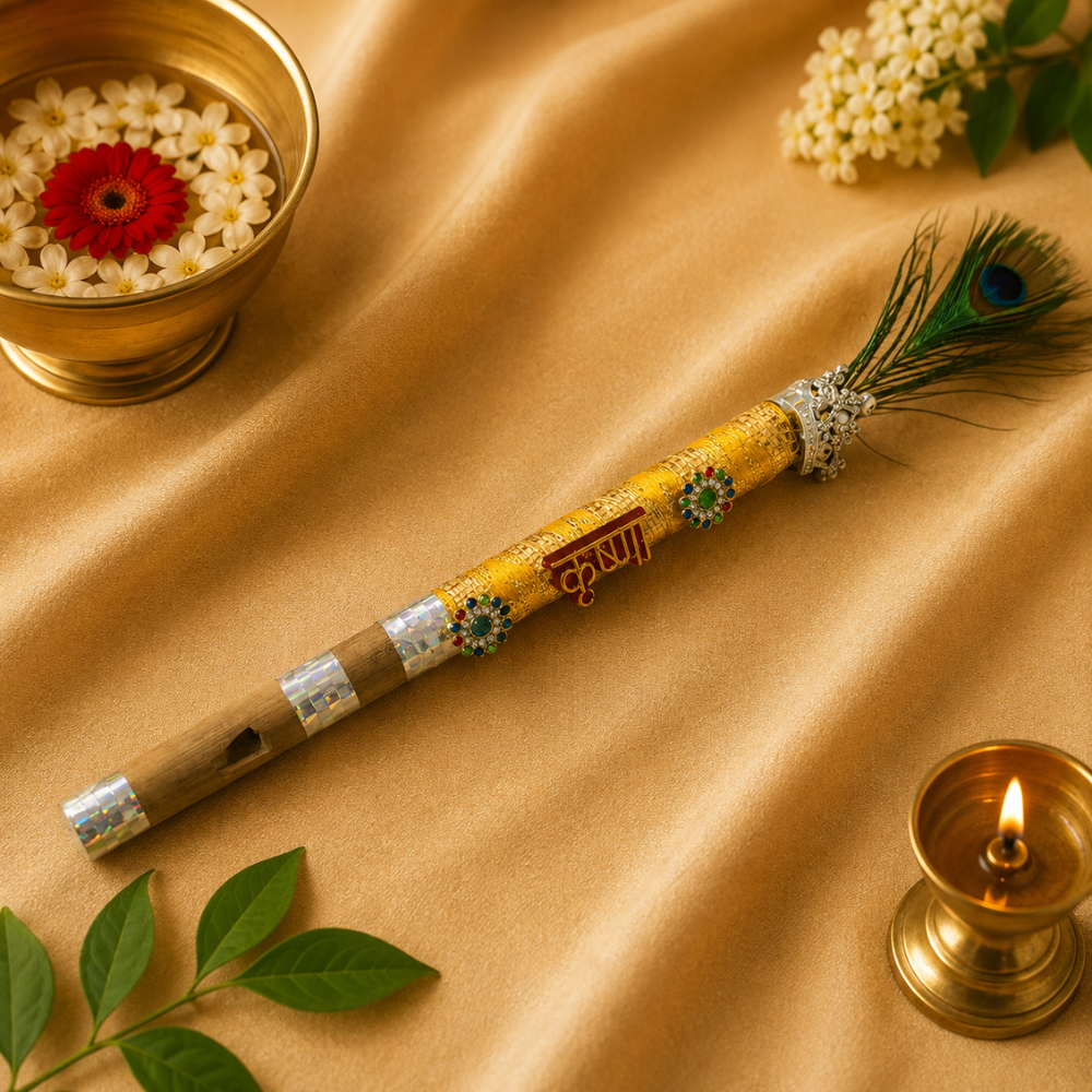 Ladoo Gopal Bansuri Set – 3 Piece Designer Krishna Ji Flute with Peacock Feather