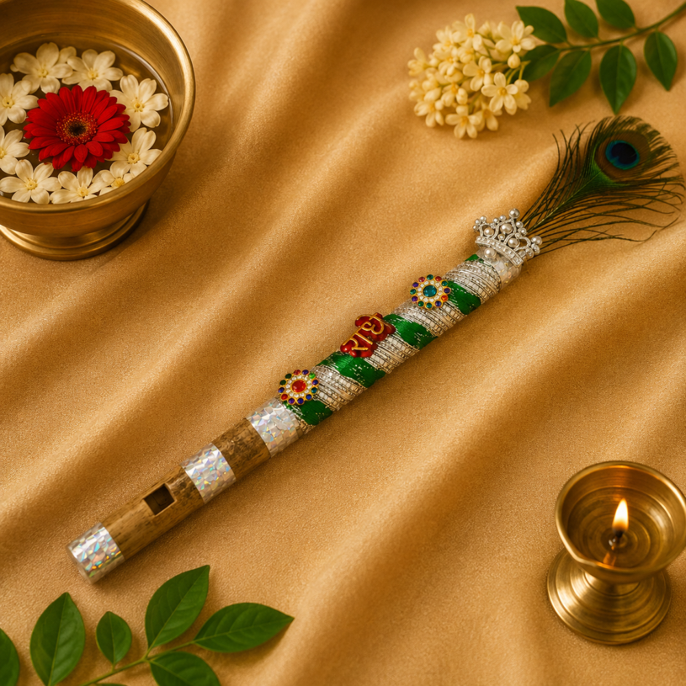 Ladoo Gopal Bansuri Set – 3 Piece Designer Krishna Ji Flute with Peacock Feather
