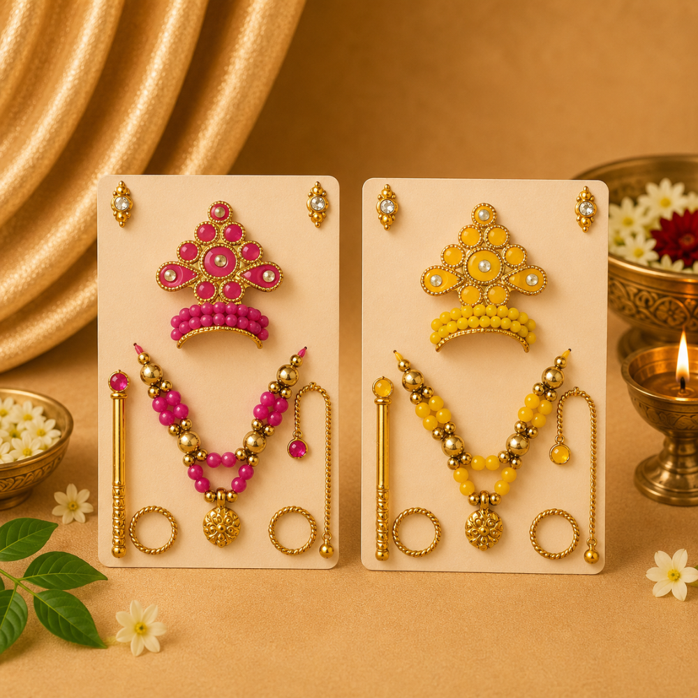 Rajsi  Mukut Set – Pink Yellow Beaded Thakur Ji Shringar Crown