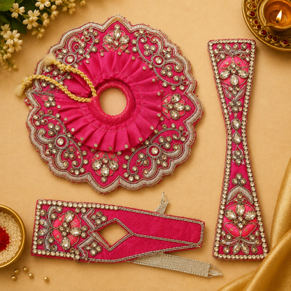 Designer Pink Ladoo Gopal Mukut Poshak Set – Embroidered Stone Work Thakur Ji Shringar Dress