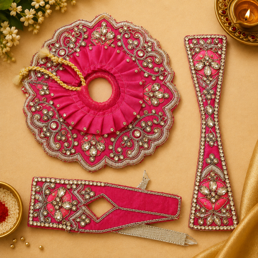 Designer Pink Ladoo Gopal Mukut Poshak Set – Embroidered Stone Work Thakur Ji Shringar Dress