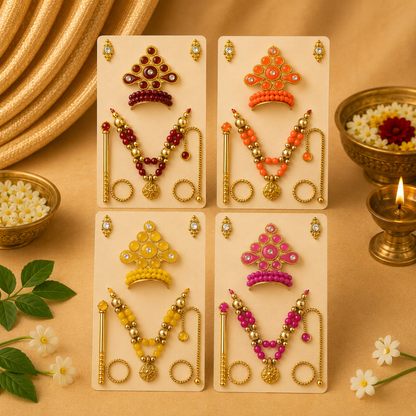 Multicolor Ladoo Gopal Mukut Set – Designer Thakur Ji Shringar Crown Set