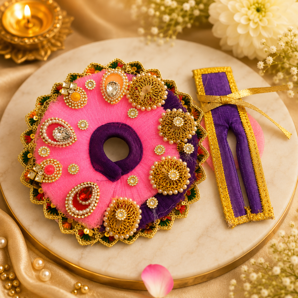 Rajsi Shringar Ladoo Gopal Mukut – Pink & Purple Designer Crown Set