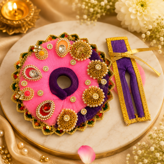 Rajsi Shringar Ladoo Gopal Mukut – Pink & Purple Designer Crown Set