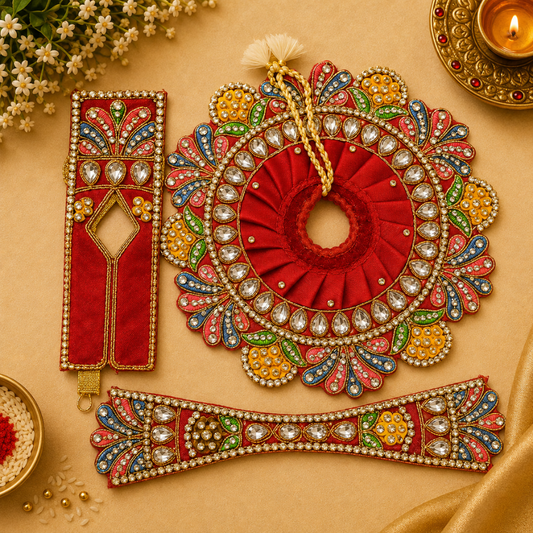 Designer Ladoo Gopal Mukut Poshak Set – Traditional Thakur Ji Shringar Dress with Crown