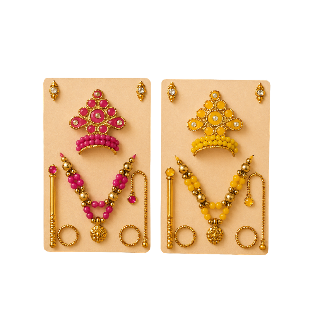 Rajsi  Mukut Set – Pink Yellow Beaded Thakur Ji Shringar Crown