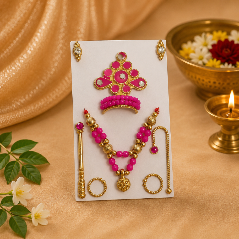 Rajsi  Mukut Set – Pink Yellow Beaded Thakur Ji Shringar Crown