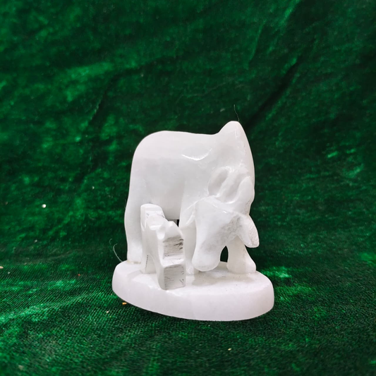 Sacred White Marble Kamdhenu Cow with Calf Idol – Prosperity & Vastu Blessings