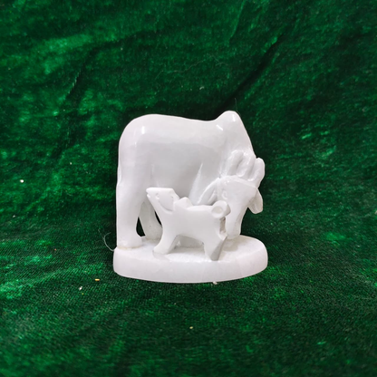 Sacred White Marble Kamdhenu Cow with Calf Idol – Prosperity & Vastu Blessings