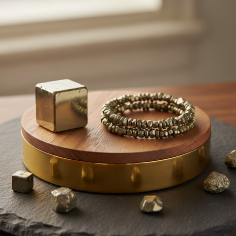 Natural Pyrite Crystal Jewelry Set – Cubic Gold Stone & Beaded Bracelet
